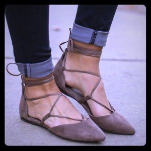 Suede Lace Up Pointed Toe Flats EUC